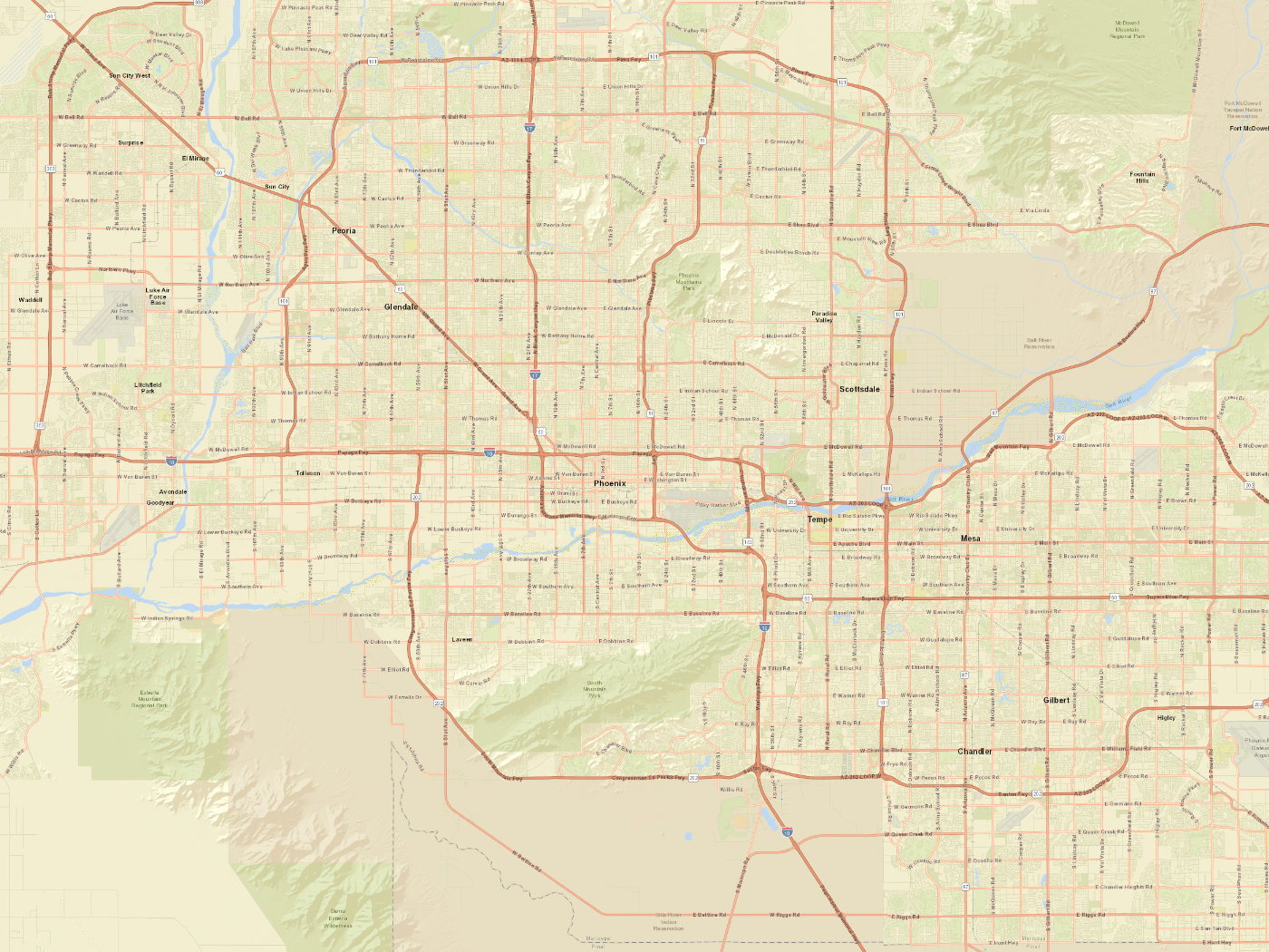 Street map of greater Phoenix metro with MetroRoute service territory overlay